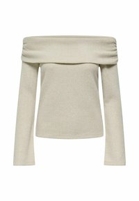 Top de manga larga y sin hombros en tejido acanalado de color beige claro. Presenta un escote amplio y una silueta ajustada. Textura suave, diseño minimalista.