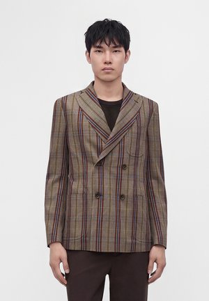 Jeune homme aux cheveux courts et noirs porte un blazer croisé à carreaux avec des rayures multicolores et un pantalon foncé sur un fond clair uni.