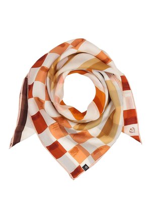 Square scarf with checked pattern in shades of orange, beige, and white, folded to form a circular shape with a central hole.