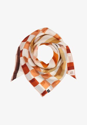Square scarf with checked pattern in shades of orange, beige, and white, folded to form a circular shape with a central hole.