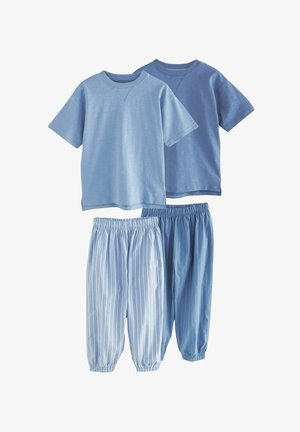 Two short-sleeve t-shirts in varying shades of blue, paired with light blue, striped, elastic-waist pants. Soft cotton fabric, relaxed fit.
