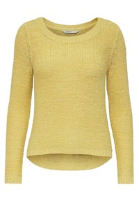 Pull jaune en maille à manches longues avec un col rond et un ourlet légèrement incurvé, fabriqué en tissu de fil texturé.