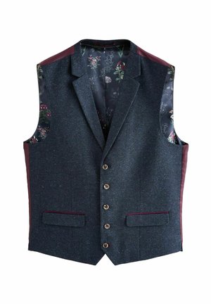 Gilet bleu marine en tissu structuré, avec une doublure à motif floral, des accents bordeaux, cinq boutons et deux poches avant.