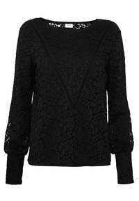 Haut à manches longues en dentelle noire avec motif floral, design à col en V et détails texturés sur les manches et le corps.