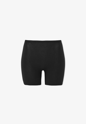 Sort strapless top og højtaljede shorts lavet af glat, strækbart stof. Tøjet har ingen synlige mønstre eller hardware.