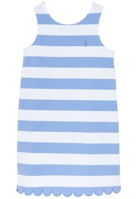 Sukienka w paski w jasnoniebieskie i białe, bawełniana, bez rękawów, z falowanym brzegiem i małym logo na lewej piersi.
