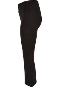 Fekete leggings, rugalmas anyagból, magas derékkal, testhezálló fazonnal és sima felülettel, látható minták vagy hardver nélkül.