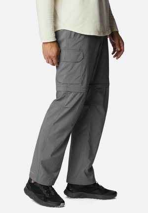 Gray cargo pants made of lightweight fabric, featuring multiple pockets, a relaxed fit, and contrasting stitching along the seams.