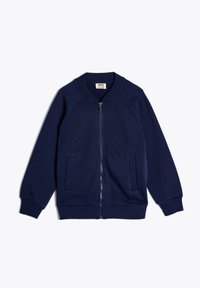 Sudadera con cremallera azul marino para niños, hecha de una tela suave. Presenta mangas raglán, dos bolsillos frontales y puños y dobladillo de punto.