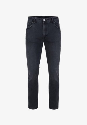 Czarne dżinsy o slim fit, z pięcioma kieszeniami, z przodu zapinane na guzik i o gładkiej fakturze. Prosty fason bez widocznych wzorów.