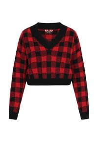 Maglione cropped rosso e nero con scollo a V, caratterizzato da un motivo a scacchi e polsini a coste. Realizzato in tessuto a maglia, offre una finitura testurizzata.