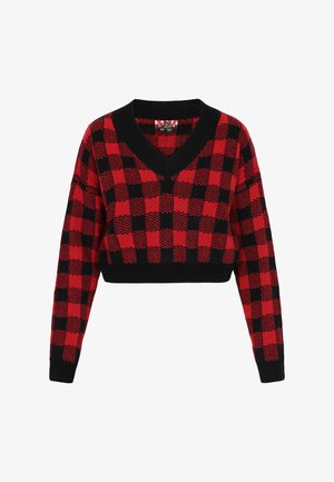 Red and black cropped sweater with a V-neck, featuring a checkered pattern and ribbed cuffs. Made from knit fabric, offering a textured finish.