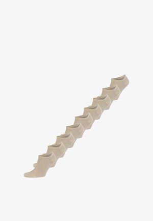 Chaussettes chevilles beiges disposées en rangée, présentant une texture lisse et un design bas. Fabriquées à partir d'un mélange de coton et de matériaux synthétiques.