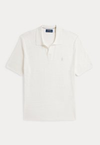 White short-sleeve Polo Ralph Lauren shirt with a collar, two-button placket, and subtle embroidered logo on the left chest.