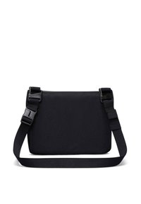 Sac crossbody rectangulaire noir avec sangle ajustable et boucle en plastique, présenté par l'arrière sur fond blanc.