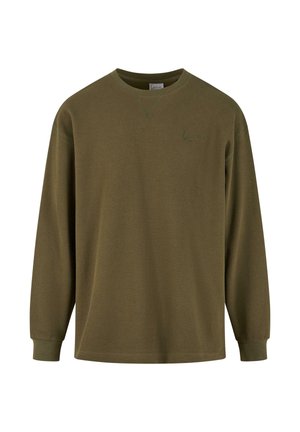 Zeleno-olivová dlhá rukávová košeľa z textúrovaného materiálu s rebrovanými manžetami a okrúhlym výstrihom, na hrudi má jemne vyšité logo.