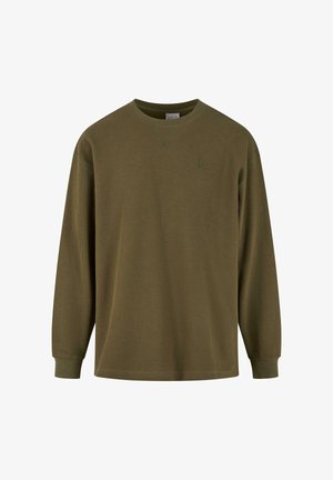 Zeleno-olivová dlhá rukávová košeľa z textúrovaného materiálu s rebrovanými manžetami a okrúhlym výstrihom, na hrudi má jemne vyšité logo.