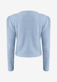 Haut bleu clair à manches longues avec un motif texturé, un col arrondi et un design cropped. Présente des épaules bouffantes.