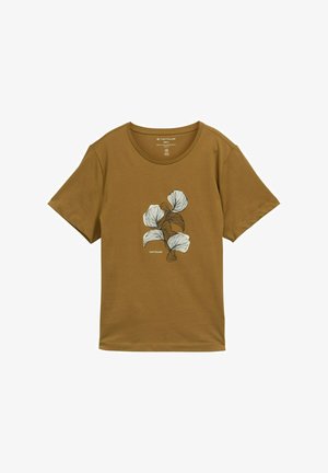 Ruskea lyhythihainen T-paita pyöreällä kauluksella, jossa on abstrakti valkoinen ja tummanruskea kukkakuva rinnan kohdalla, merkitty "Tom Tailor".