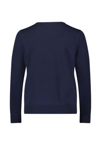 Maglione blu navy, in misto cotone, girocollo, maniche lunghe. Presenta polsini e orlo a coste, una texture liscia e senza motivi o hardware visibile.