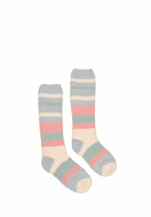Pair of soft, fuzzy socks with horizontal stripes in pastel blue, pink, green, and white, laid flat and side-by-side.