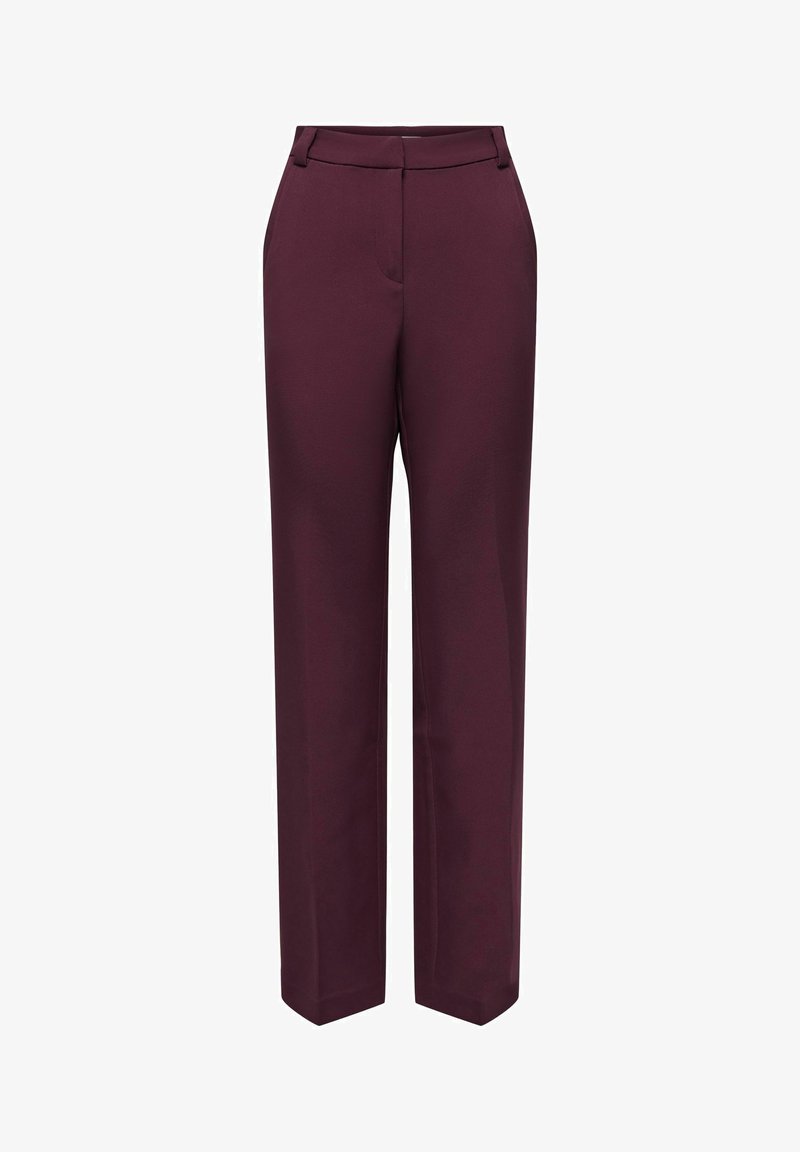 Pantalon droit en bordeaux foncé avec passants de ceinture et poches latérales, conçu pour une coupe ajustée.