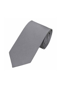 Graue Krawatte mit strukturiertem Muster, zulaufender Spitze und gerolltem Design. Hergestellt aus glattem Material.