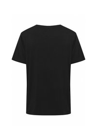 T-shirt nera a maniche corte realizzata in tessuto morbido. Presenta un colletto rotondo e una vestibilità rilassata. Nessun motivo o accento visibile.