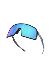 Sport-Sonnenbrille mit schwarzem Rahmen, großen blauen Verlaufslinsen und gemusterten blauen Bügeln. Leichtes Design für verbesserten Komfort und Sitz.