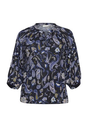 Blusa scura a fantasia con motivi paisley in blu, viola e bianco. Vestibilità ampia con maniche a tre quarti e scollatura arricciata.