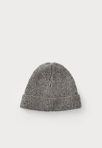 Gray ribbed knit beanie with a textured finish and turned-up cuff; features a subtle fleck pattern for added detail.