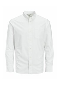 Chemise blanche à manches longues, en tissu coton, avec un col classique, une poche avant et des boutons de fermeture. Texture lisse.