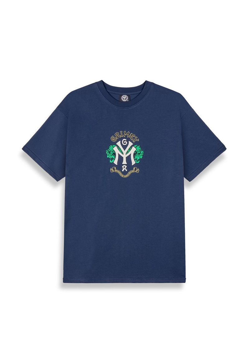 Camiseta de algodón azul marino de manga corta, con un gráfico central en blanco y verde, que incluye el texto "GRIMEY" y acentos florales.