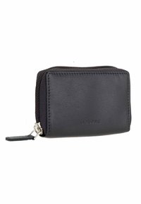 Black leather wallet with a textured surface, zip closure, and a small leather pull tab. Features minimalist design and embossed logo.