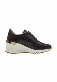 Black sneaker with perforated upper, padded collar, and flat laces. Features a white wedge sole and a metallic accent on the heel.