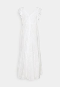 Vestido midi blanco con un sutil patrón floral, mangas ligeramente acampanadas, cintura ajustada, escote en V y dobladillo acampanado.