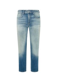 Jeans de mezclilla de lavado claro con un degradado descolorido de azul claro a oscuro, diseño de pierna recta, cinco bolsillos y un cierre de botón clásico.
