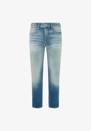 Jeans in denim chiaro con un gradiente sbiadito da blu chiaro a blu scuro, design a gamba dritta, cinque tasche e chiusura a bottone classica.