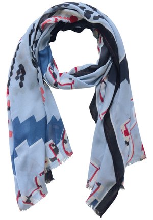 Light blue scarf with abstract geometric patterns in navy, red, black, and white, loosely looped with fringed edges.