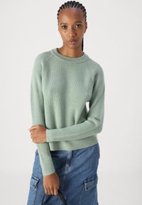 Hellgrüner, gerippter Strickpullover mit rundem Halsausschnitt und langen Ärmeln, kombiniert mit einem Jeansrock, der ein lässiges Outfit-Design zeigt.