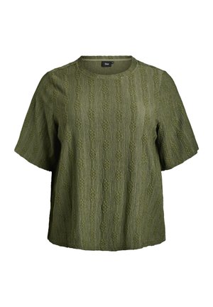 Olivgrünes kurzärmeliges Oberteil mit einer strukturierten, gemusterten Gestaltung mit vertikalen Linien und ovalen Motiven. Rundhalsausschnitt, lockere Passform.
