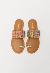 Des sandales plates avec une sangle tressée multicolore et une semelle lisse couleur sable. Un accent en métal doré au niveau des orteils ajoute une touche de détail.