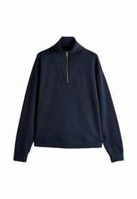 Felpa a collo alto di colore blu navy con zip. Presenta una texture uniforme, una vestibilità ampia e polsini larghi.