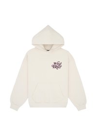 Felpa color crema con tasca a canguro e polsini elastici, con la scritta viola scuro "wrst bhvr" sulla parte anteriore. Tessuto morbido, design casual.