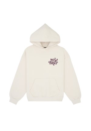 Cream-colored hoodie with a kangaroo pocket and elastic cuffs, featuring dark purple text "wrst bhvr" on the front. Soft fabric, casual design.