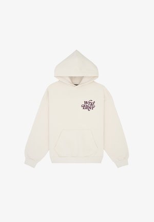 Felpa color crema con tasca a canguro e polsini elastici, con la scritta viola scuro "wrst bhvr" sulla parte anteriore. Tessuto morbido, design casual.