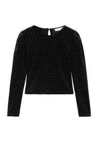 Svart sammet långärmad topp med rund halsringning, prydd med vita prickar och en liten nyckelhålsöppning bak.