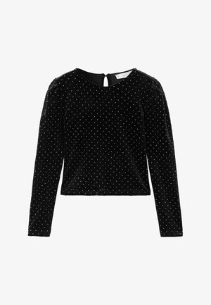 Čierny sametový top s dlhým rukávom a okrúhlym výstrihom, s bielymi bodkami a malým otvorom v zadnej časti.