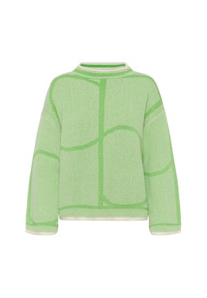 Suéter de punto verde claro con mangas largas y patrones abstractos de líneas en verde más oscuro, con cuello redondo y detalles en blanco.