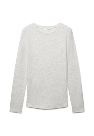 Maglia a maniche lunghe grigio chiaro con scollo rotondo e orlo dritto, realizzata in tessuto morbido leggermente strutturato, presentata stesa su sfondo bianco.